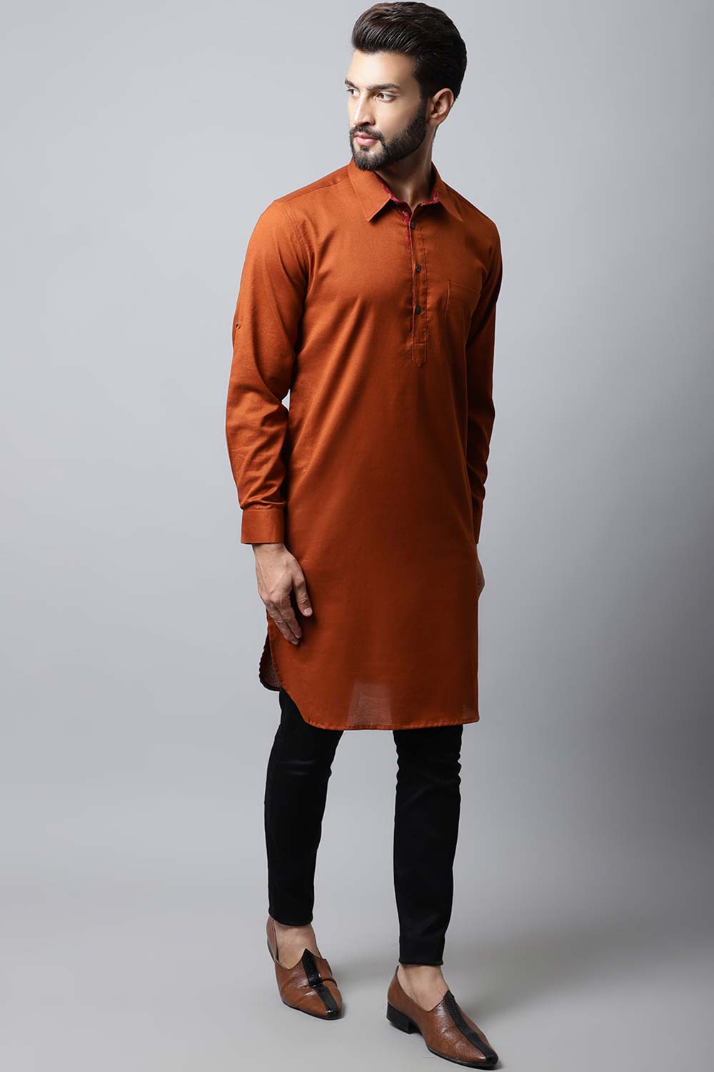 Men's Dark Brown Solid Full Sleeve Long Kurta Top