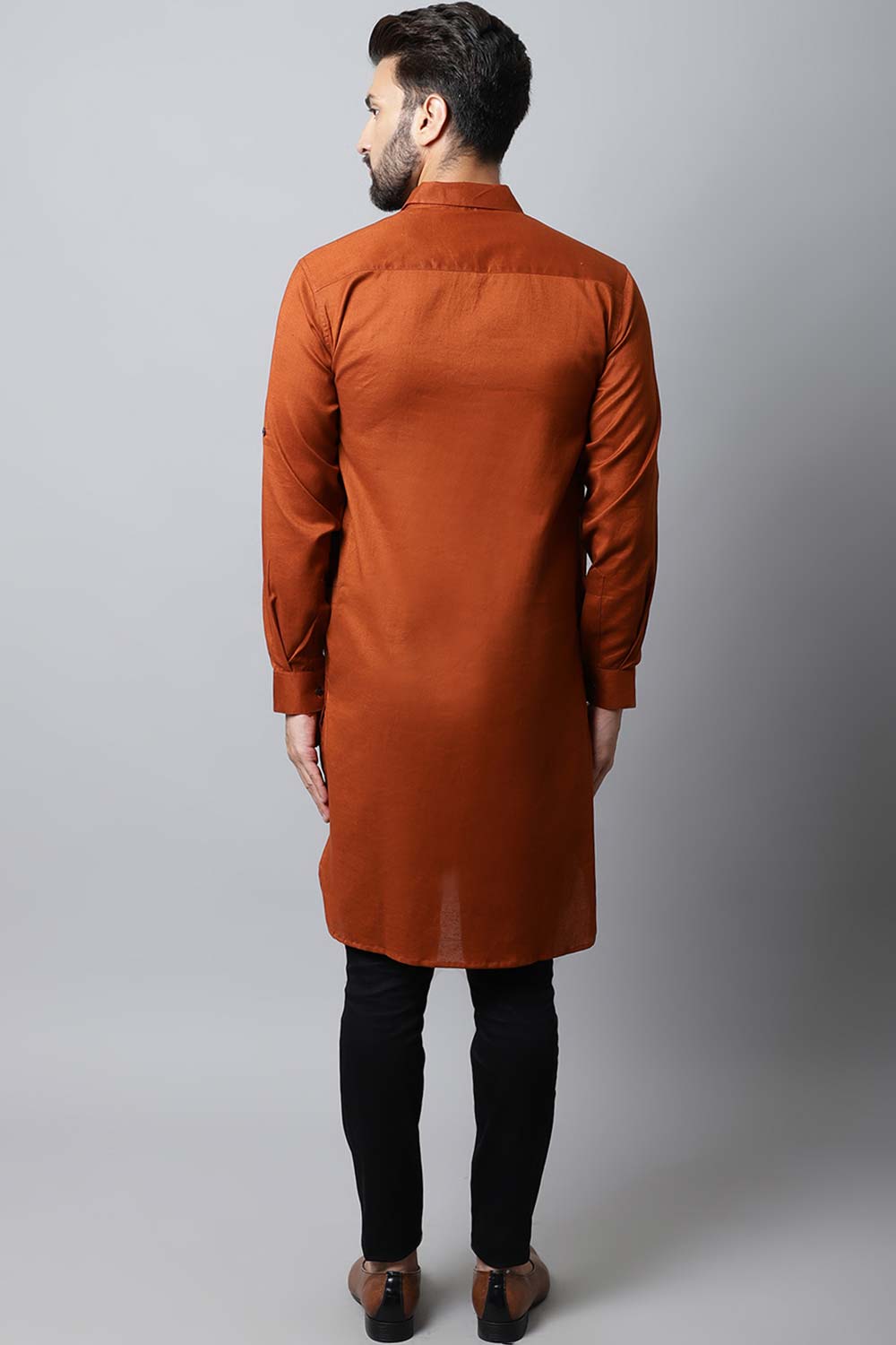 Men's Dark Brown Solid Full Sleeve Long Kurta Top