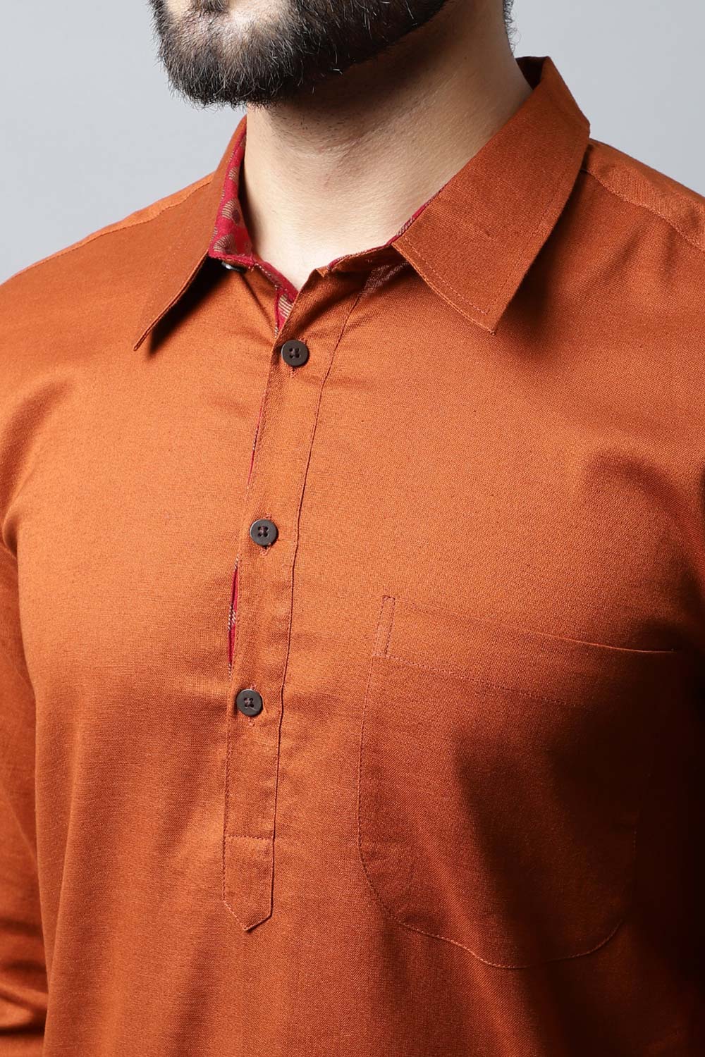 Men's Dark Brown Solid Full Sleeve Long Kurta Top