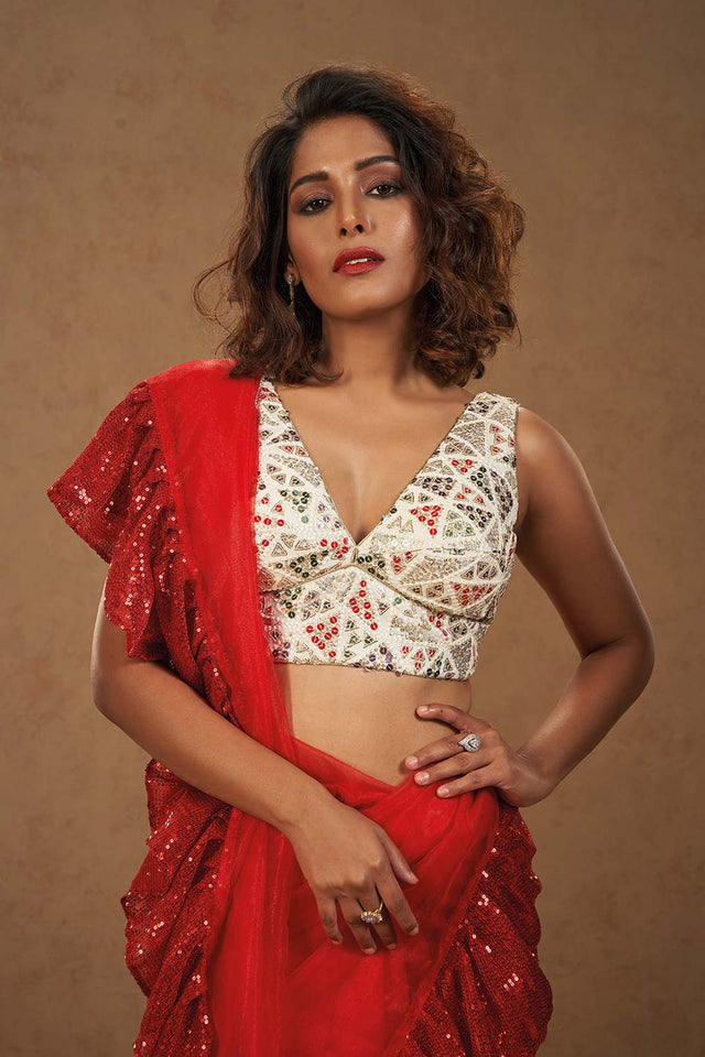 White Brocade Sleeveless Padded Blouse (SS-VF-0029)