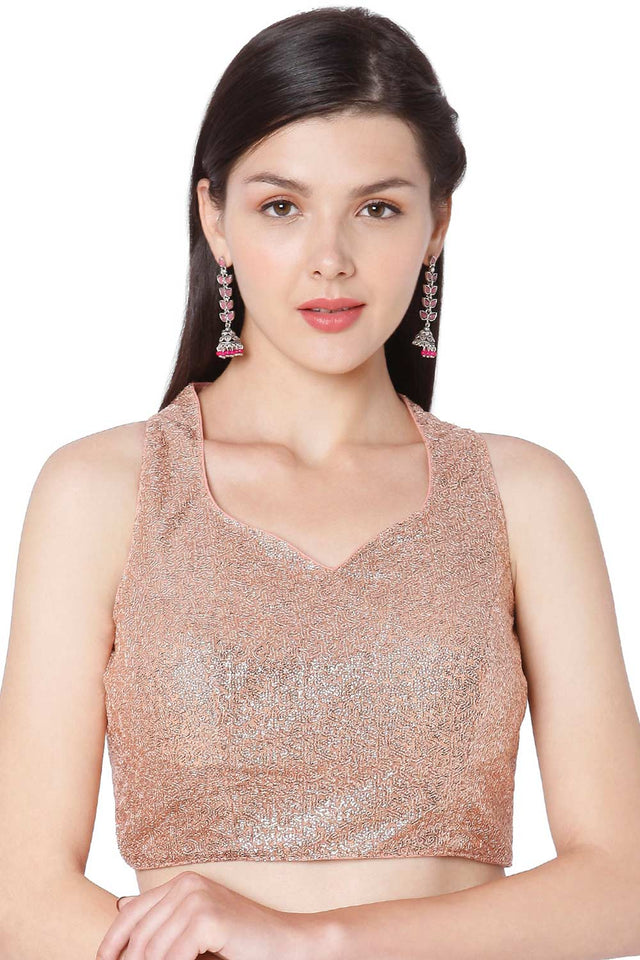 Peach Georgette Sequin Self Design Readymade Saree Blouse
