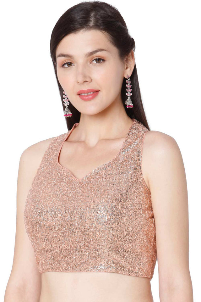 Peach Georgette Sequin Self Design Readymade Saree Blouse
