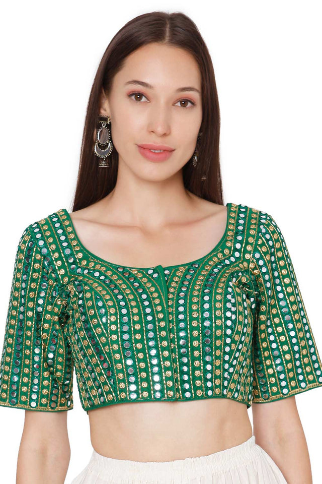 Green Slub Silk Mirror Embellished Embroidered Readymade Saree Blouse