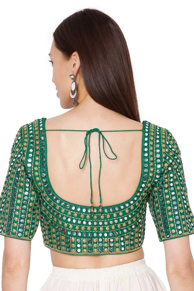 Green Slub Silk Mirror Embellished Embroidered Readymade Saree Blouse