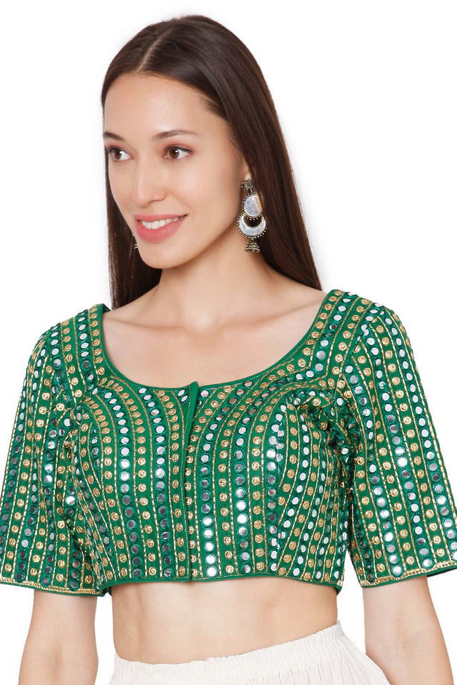Green Slub Silk Mirror Embellished Embroidered Readymade Saree Blouse