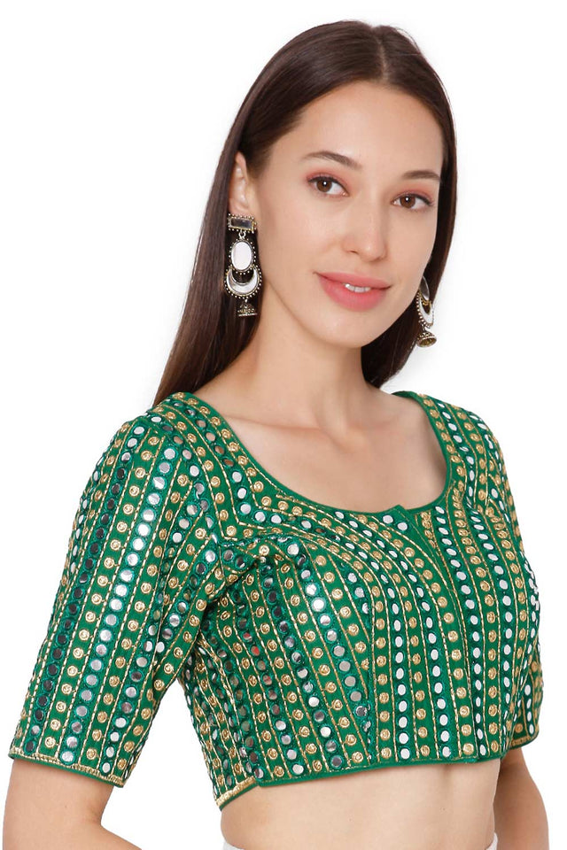 Green Slub Silk Mirror Embellished Embroidered Readymade Saree Blouse