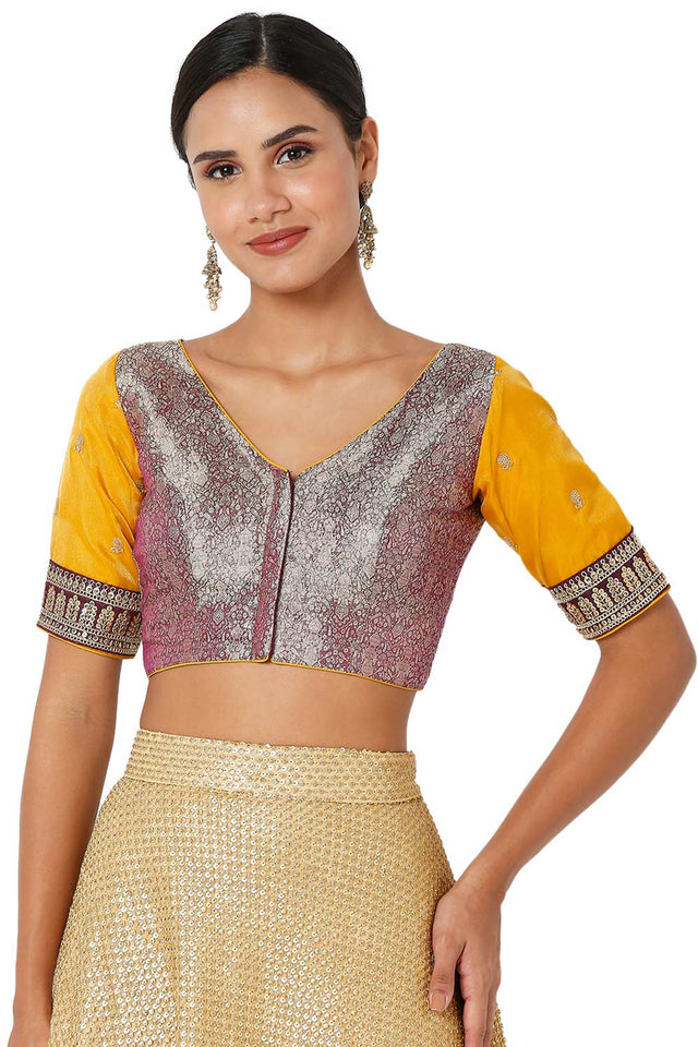 Wine & Yellow Brocade Silk Embroidered Readymade Saree Blouse