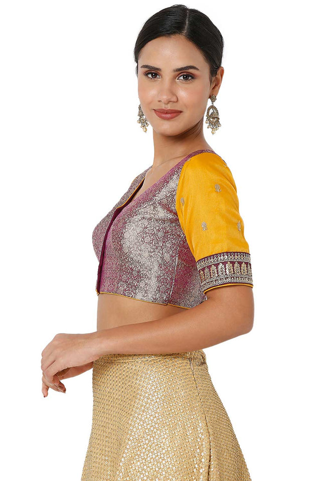 Wine & Yellow Brocade Silk Embroidered Readymade Saree Blouse