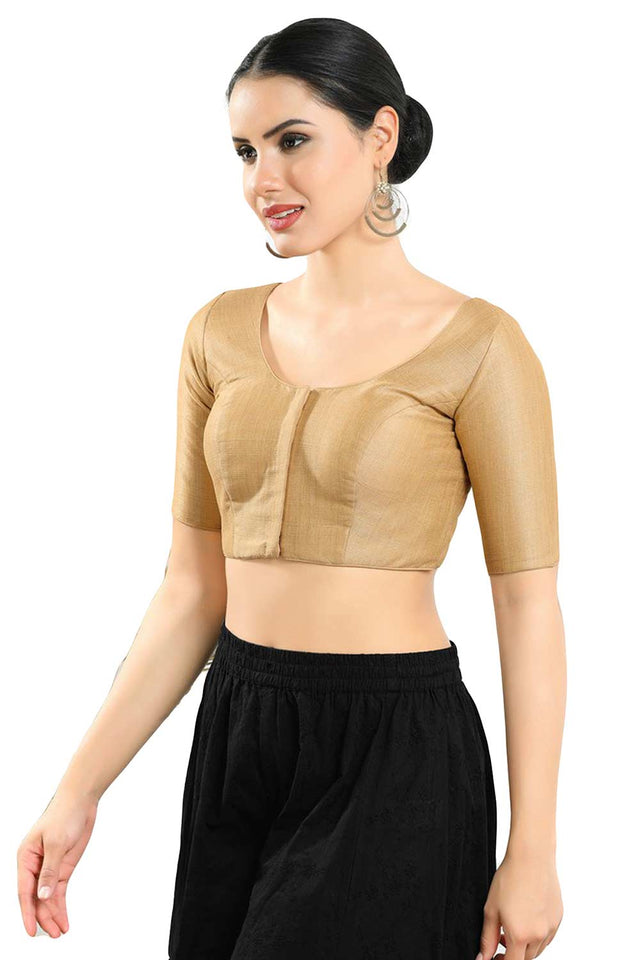 Buy Women's Gold Art Silk Readymade Saree Blouse Online - Front