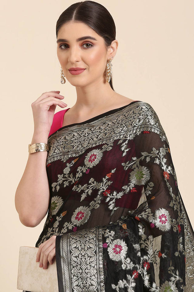 Blue Silk Blend Floral Saree