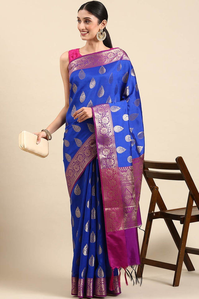 Blue Art Silk Block Saree