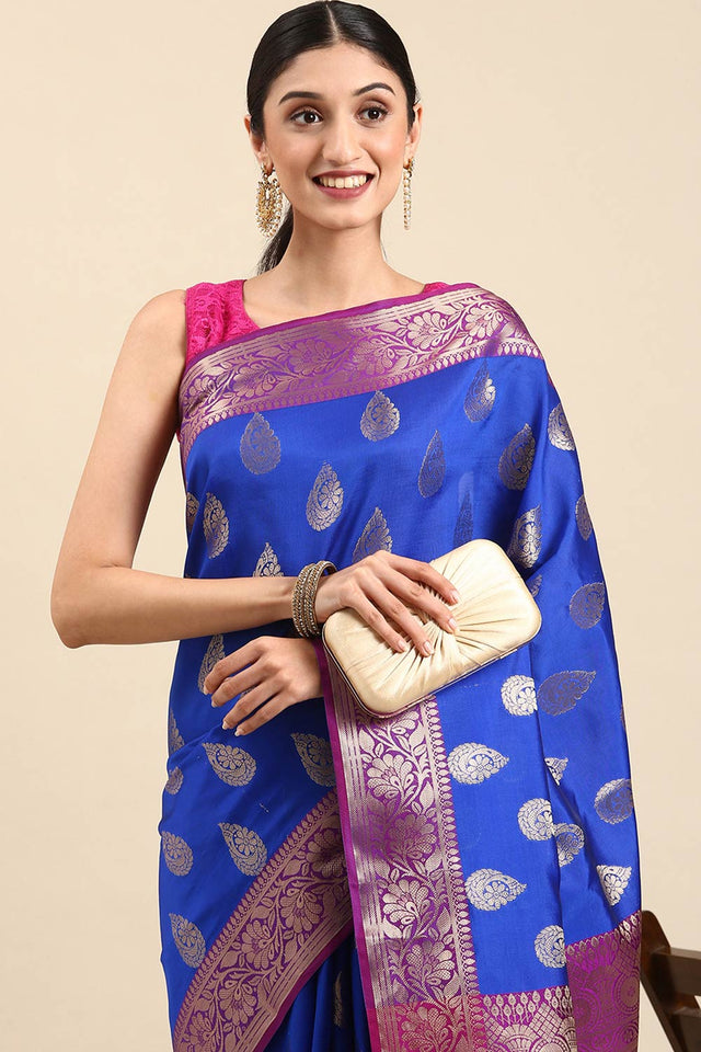 Blue Art Silk Block Saree