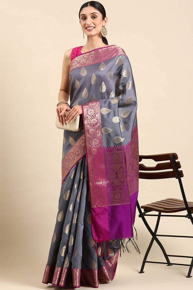 Grey Art Silk Block Saree