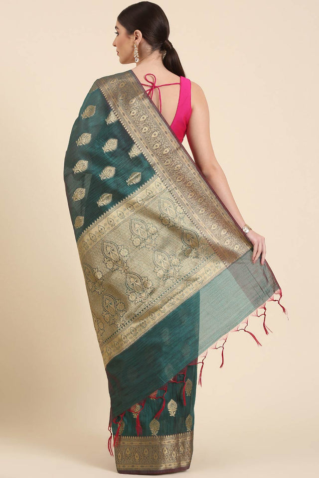 Green Silk Blend Self-Design Saree