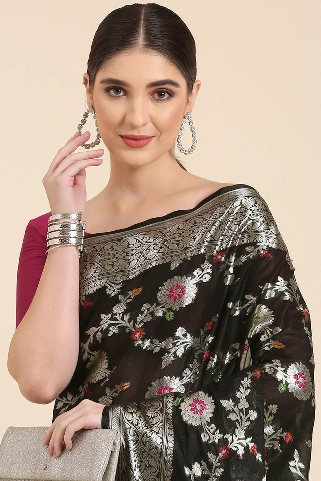 Black Silk Blend Floral Saree