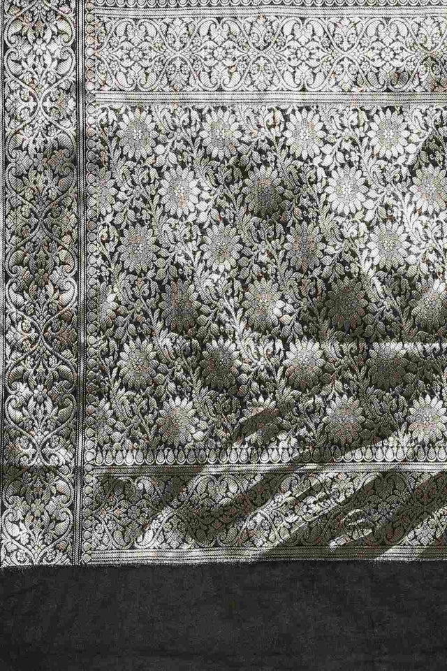 Black Silk Blend Floral Saree