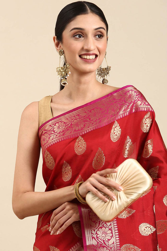 Maroon Art Silk Block Print Saree