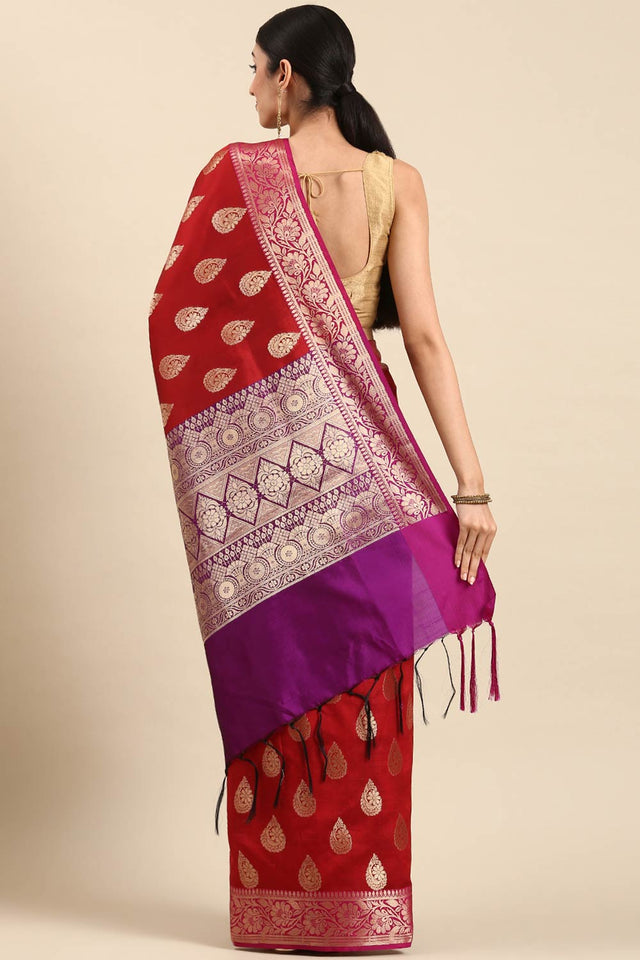 Maroon Art Silk Block Print Saree