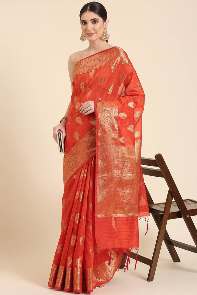 Orange Silk Blend Indian Saree