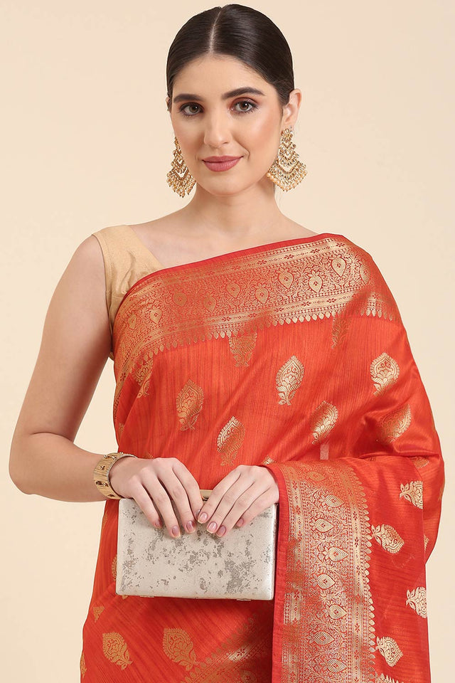 Orange Silk Blend Indian Saree