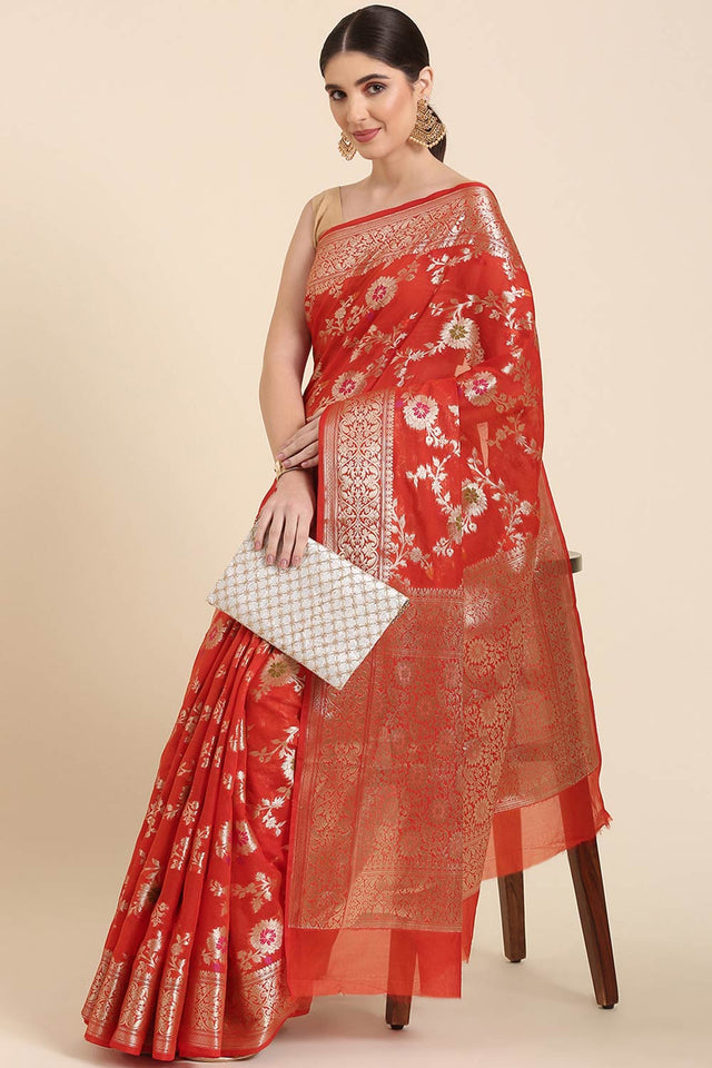 Orange Silk Blend Self-Design Saree