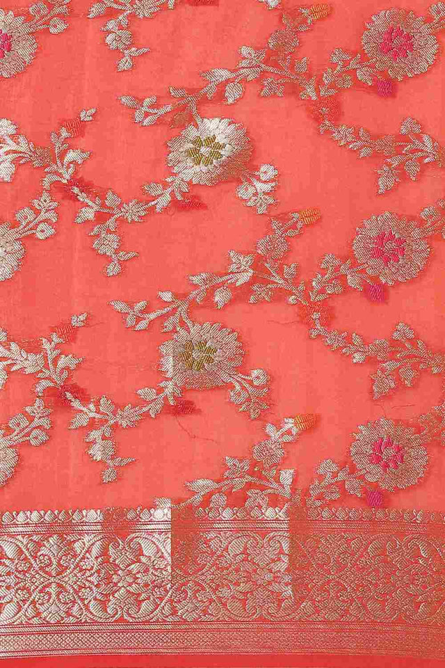 Orange Silk Blend Self-Design Saree