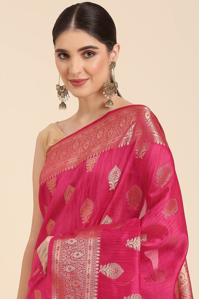 Pink Silk Blend Self-Design Saree