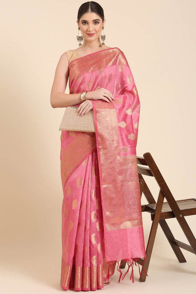 Pink Silk Blend Self-Design Saree