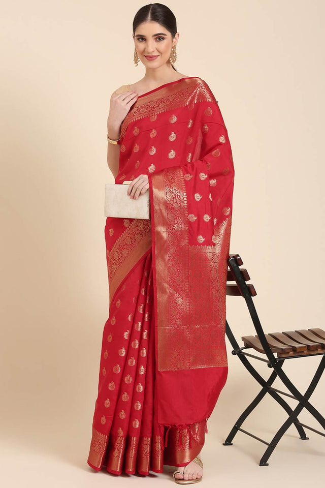 Red Silk Blend Self-Design Saree