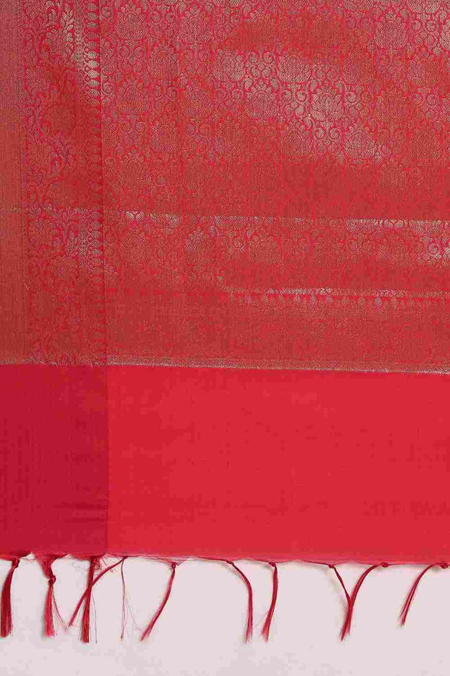 Red Silk Blend Self-Design Saree