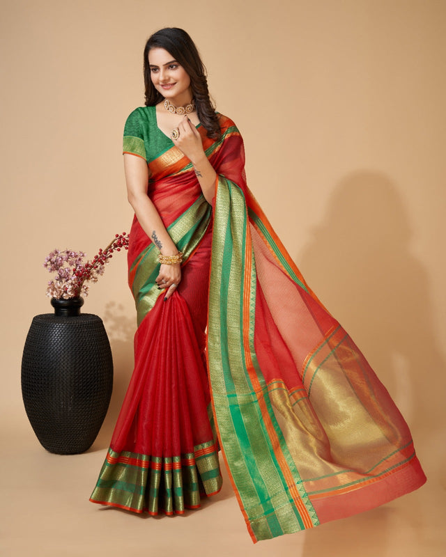 Red Semi Cotton Doriya Saree