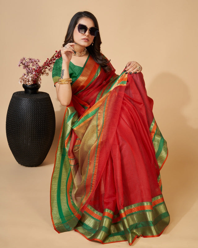Red Semi Cotton Doriya Saree