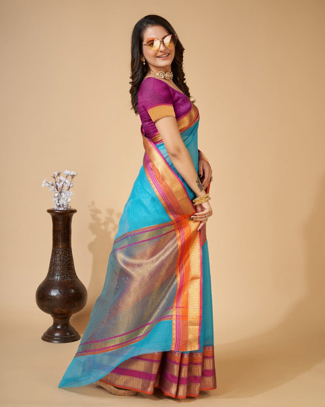Sky Blue Semi Cotton Doriya Saree