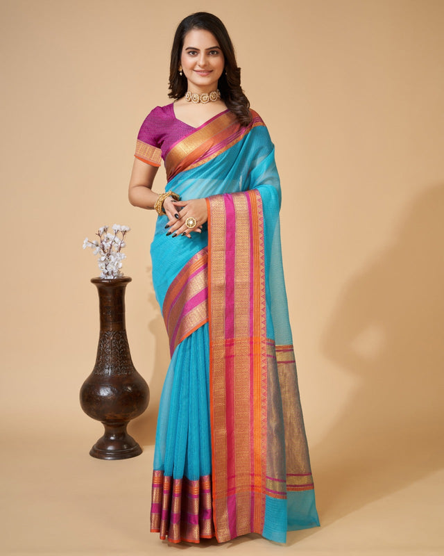 Sky Blue Semi Cotton Doriya Saree