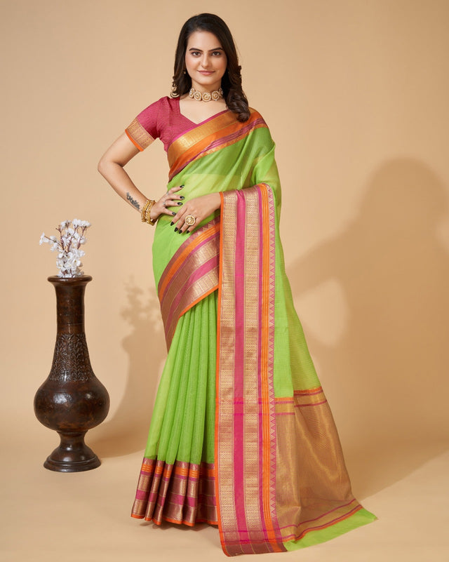 Parrot Green Semi Cotton Doriya Saree