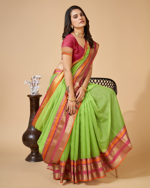 Parrot Green Semi Cotton Doriya Saree