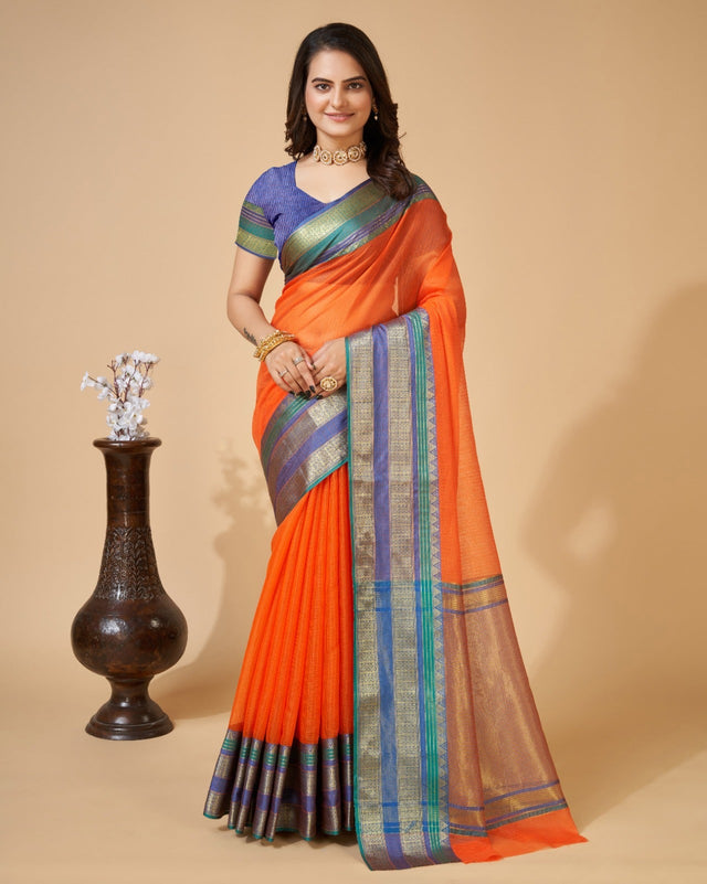 Orange Semi Cotton Doriya Saree