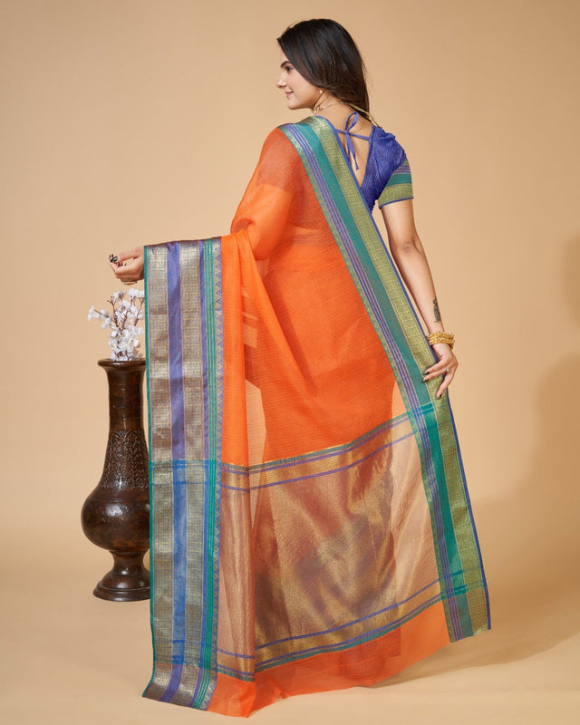 Orange Semi Cotton Doriya Saree