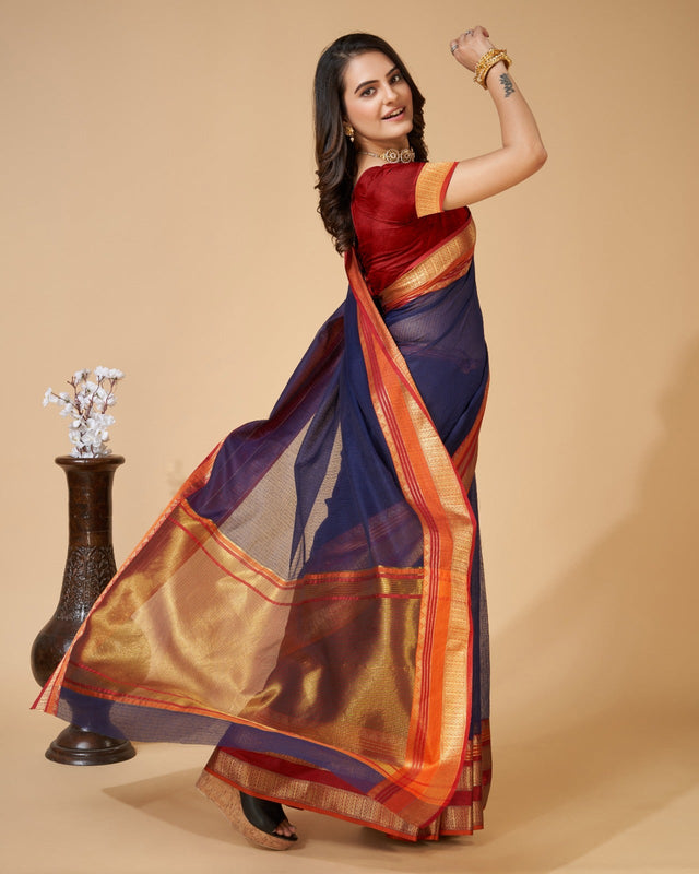 Blue Semi Cotton Doriya Saree