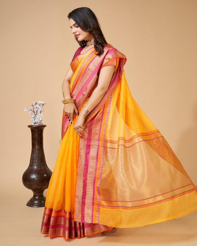 Yellow Semi Cotton Doriya Saree