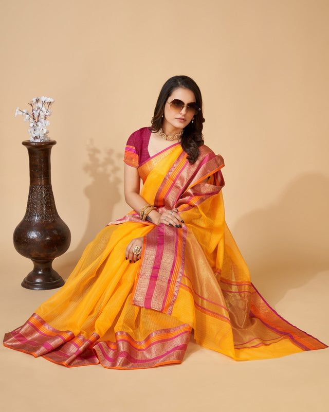 Yellow Semi Cotton Doriya Saree