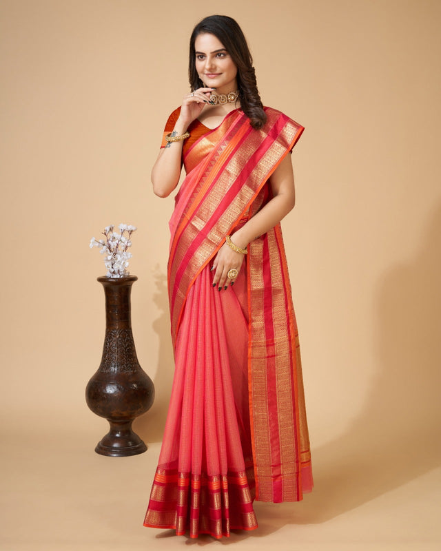 Pink Semi Cotton Doriya Saree