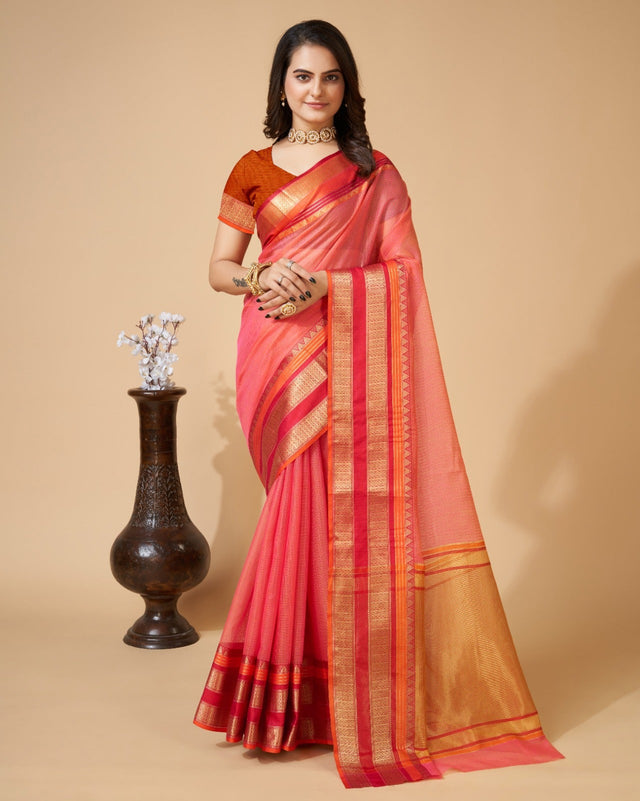 Pink Semi Cotton Doriya Saree