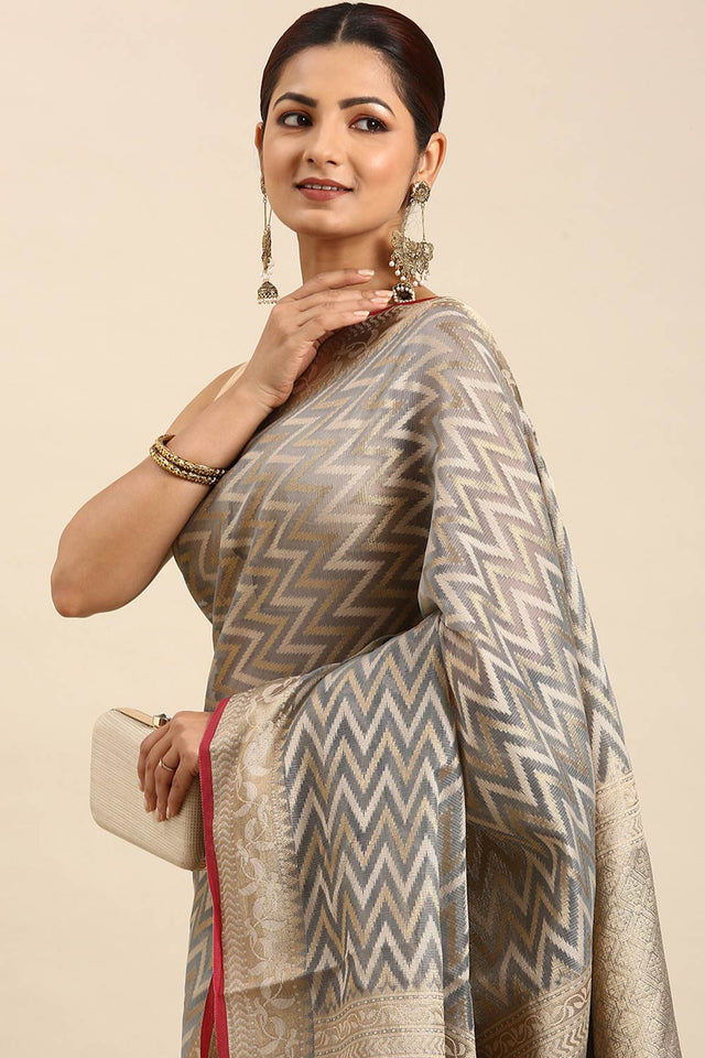 Grey Art Silk Block Saree