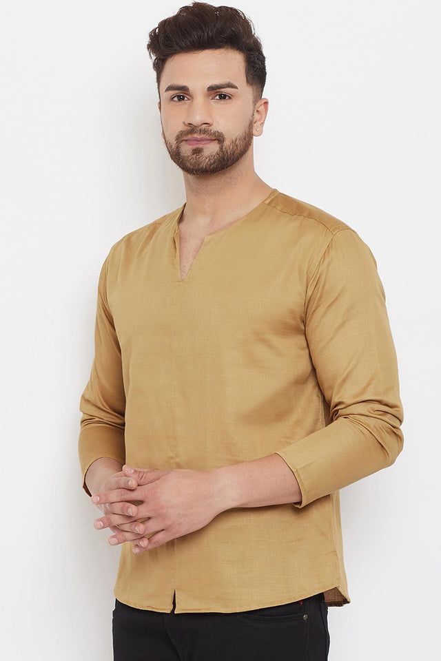 Buy Men's Blended Cotton Solid Short Kurta in Beige - Front