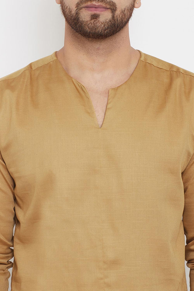 Buy Men's Blended Cotton Solid Short Kurta in Beige - Zoom Out