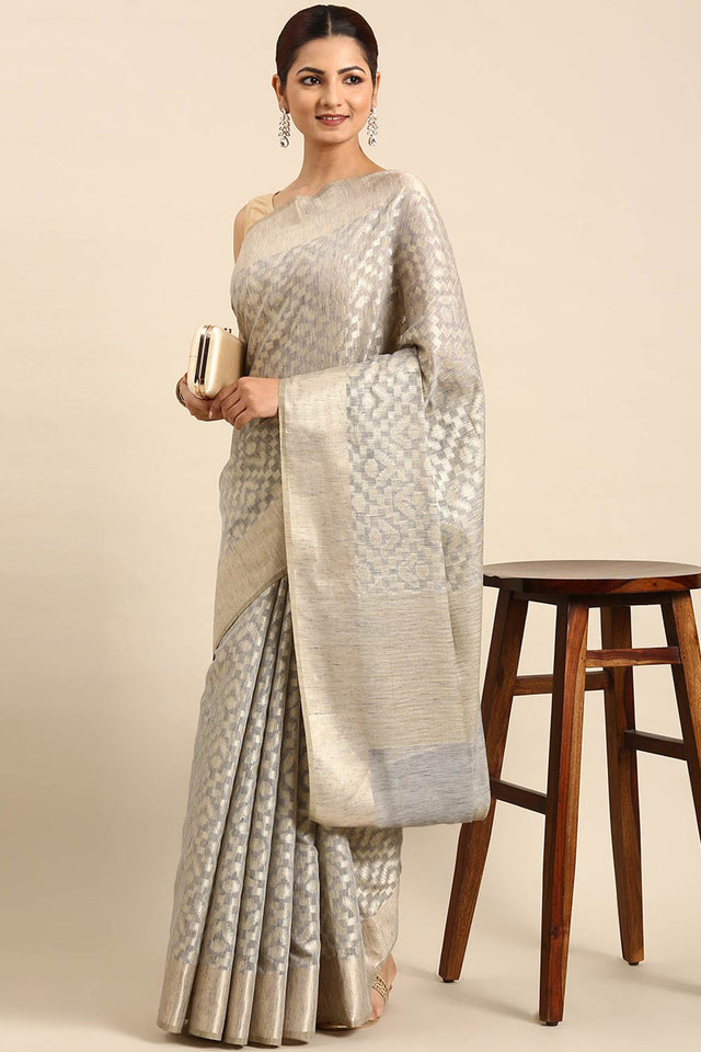 Grey Art Silk Block Saree