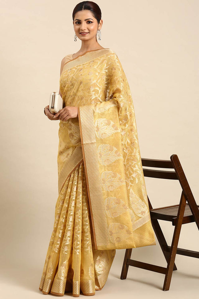 Yellow Art Silk Block Saree