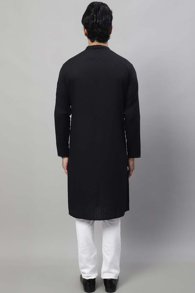Buy Men's Black Cotton Self Design Long Kurta Top Online - Front