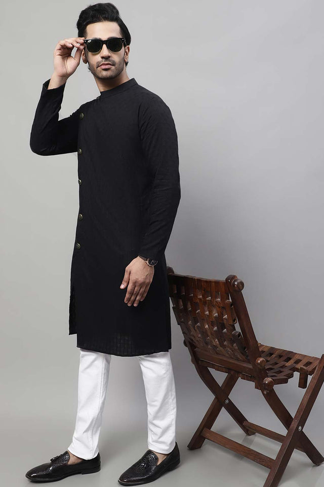 Buy Men's Black Cotton Self Design Long Kurta Top Online - Side